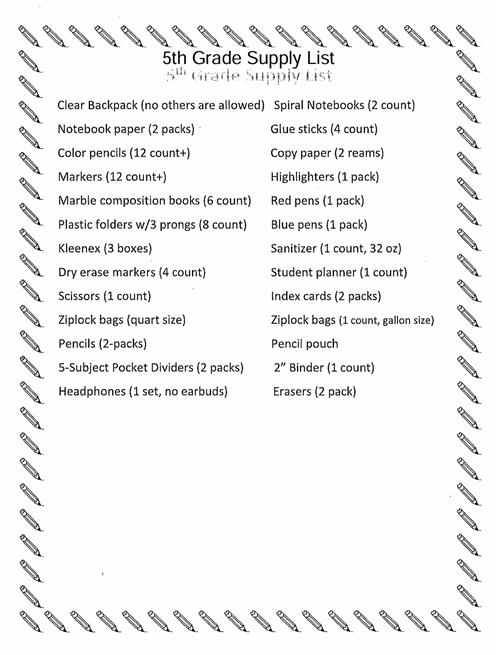 5th Grade Supply List 2025-2026